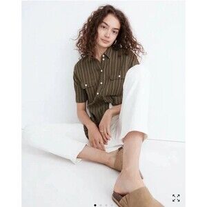 Madewell‎ Kale Green Lightspun Short Sleeve Striped Flap-Pocket Shirt Women’s M